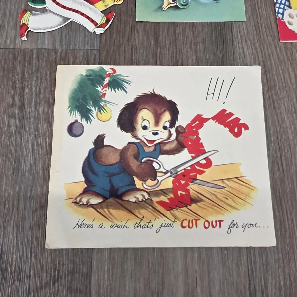 Vintage 1950s Christmas Card Lot Die Cut Kittens Puppies Teddy Bear MCM Norcross